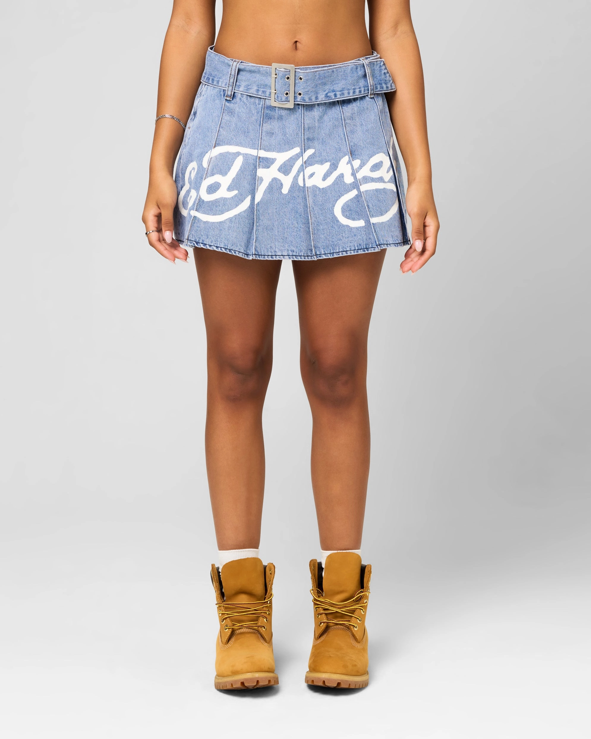 Ed Hardy Women's Pleated Denim Mini Skirt Light Blue Denim Breathable Material Neutral palette