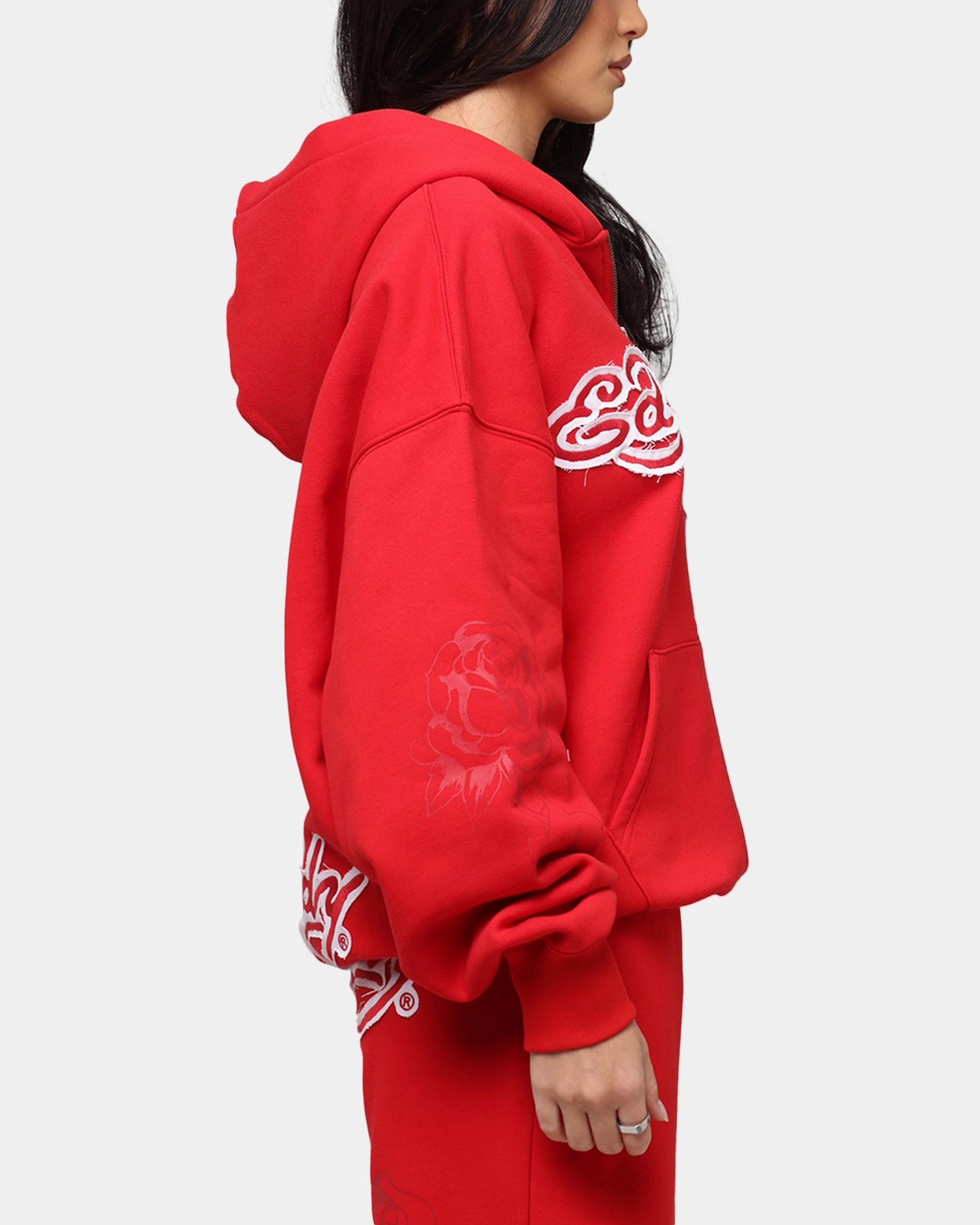 Ed Hardy Women's Rose Zip Hoodie Red Silkiness Seamless Shoulder