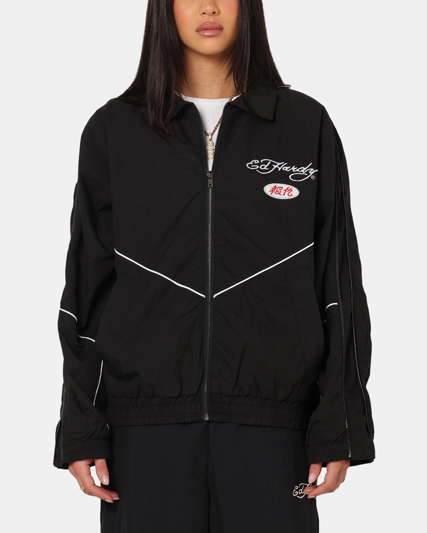 High Collar Support Anti Slip Shoulder Pads Ed Hardy Zip Track Jacket Black