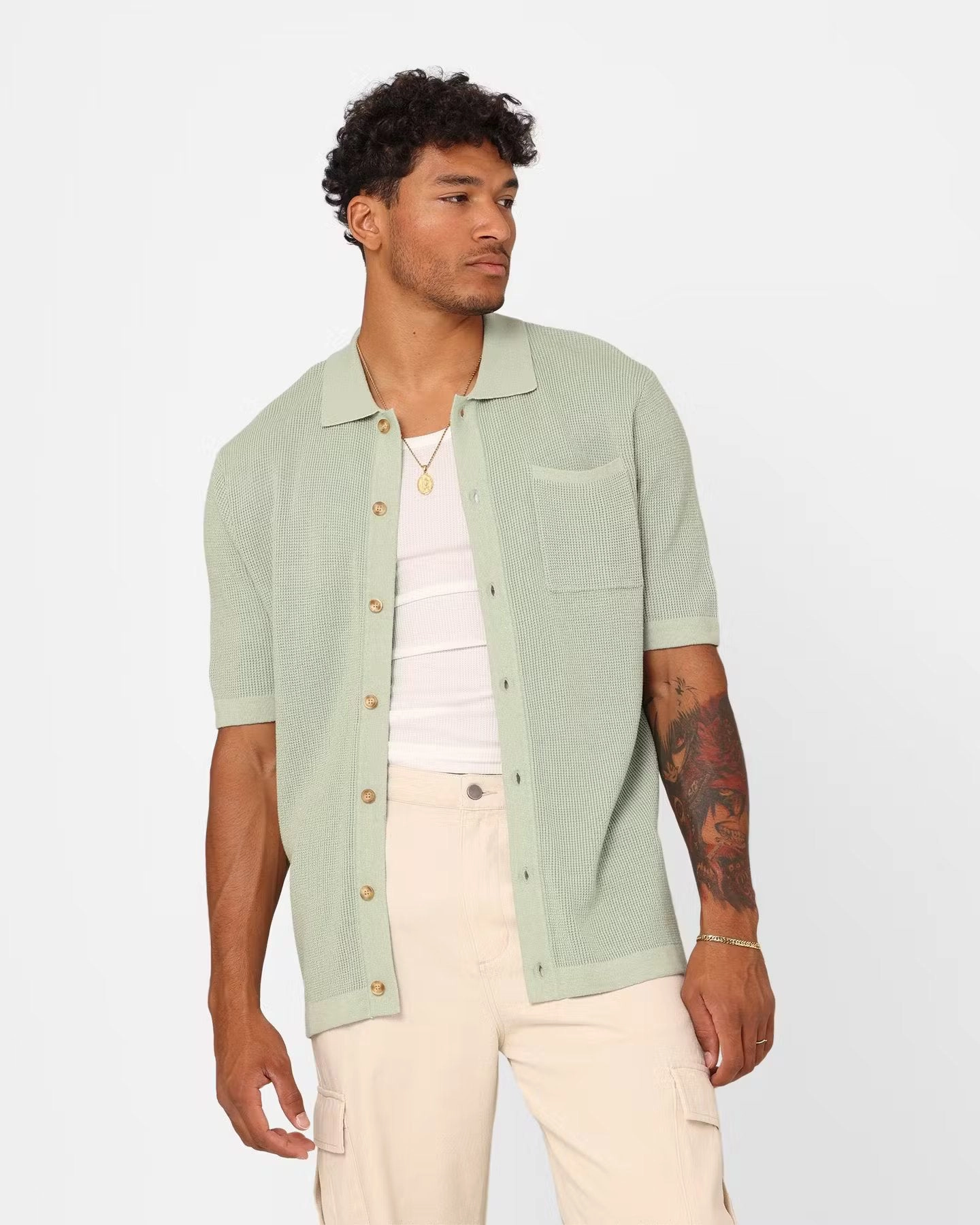 XXIII Zyair Knit Rib Button Up Shirt Sage Trendsetter Choice Stretch Fit Technology