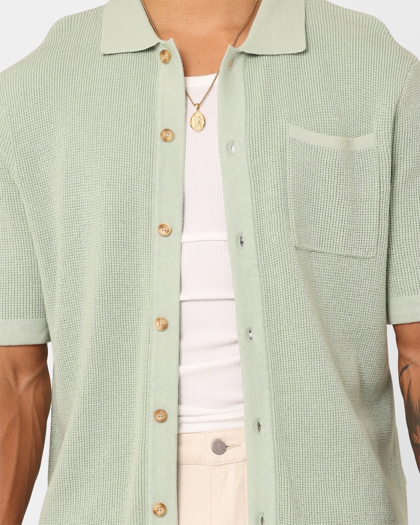 XXIII Zyair Knit Rib Button Up Shirt Sage Sustainable Material All-day Comfort