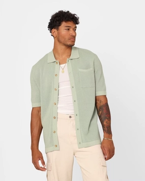 XXIII Zyair Knit Rib Button Up Shirt Sage Trendsetter Choice Stretch Fit Technology