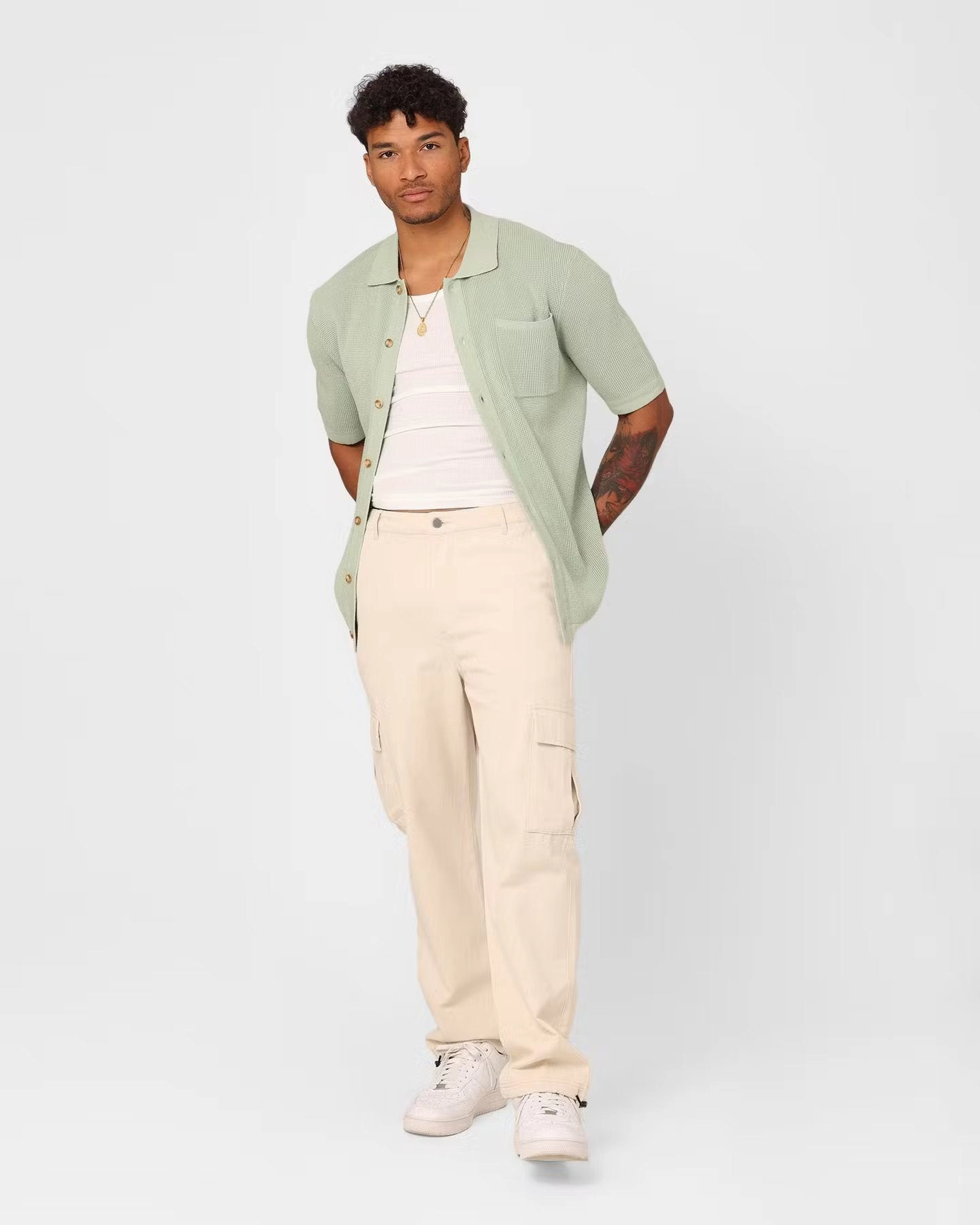 Matte Finish Tailored Cut XXIII Zyair Knit Rib Button Up Shirt Sage