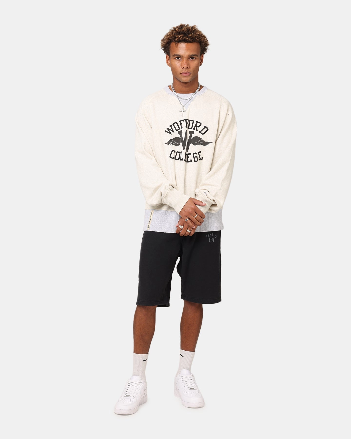 Champion 50's Saddle Crew Sweatshirt Oatmeal Heather Textured Fabric