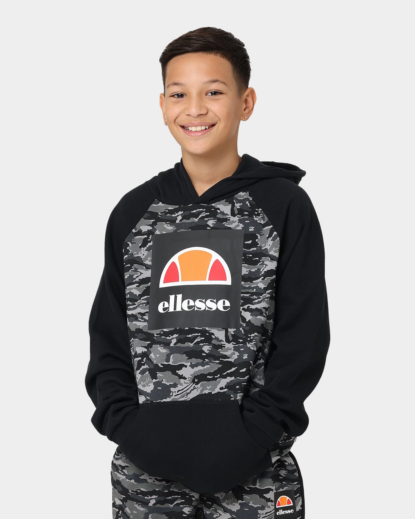Ellesse Kids' Cervino Junior Overhead Hoodie Camo/Black Rugged Protection music concert