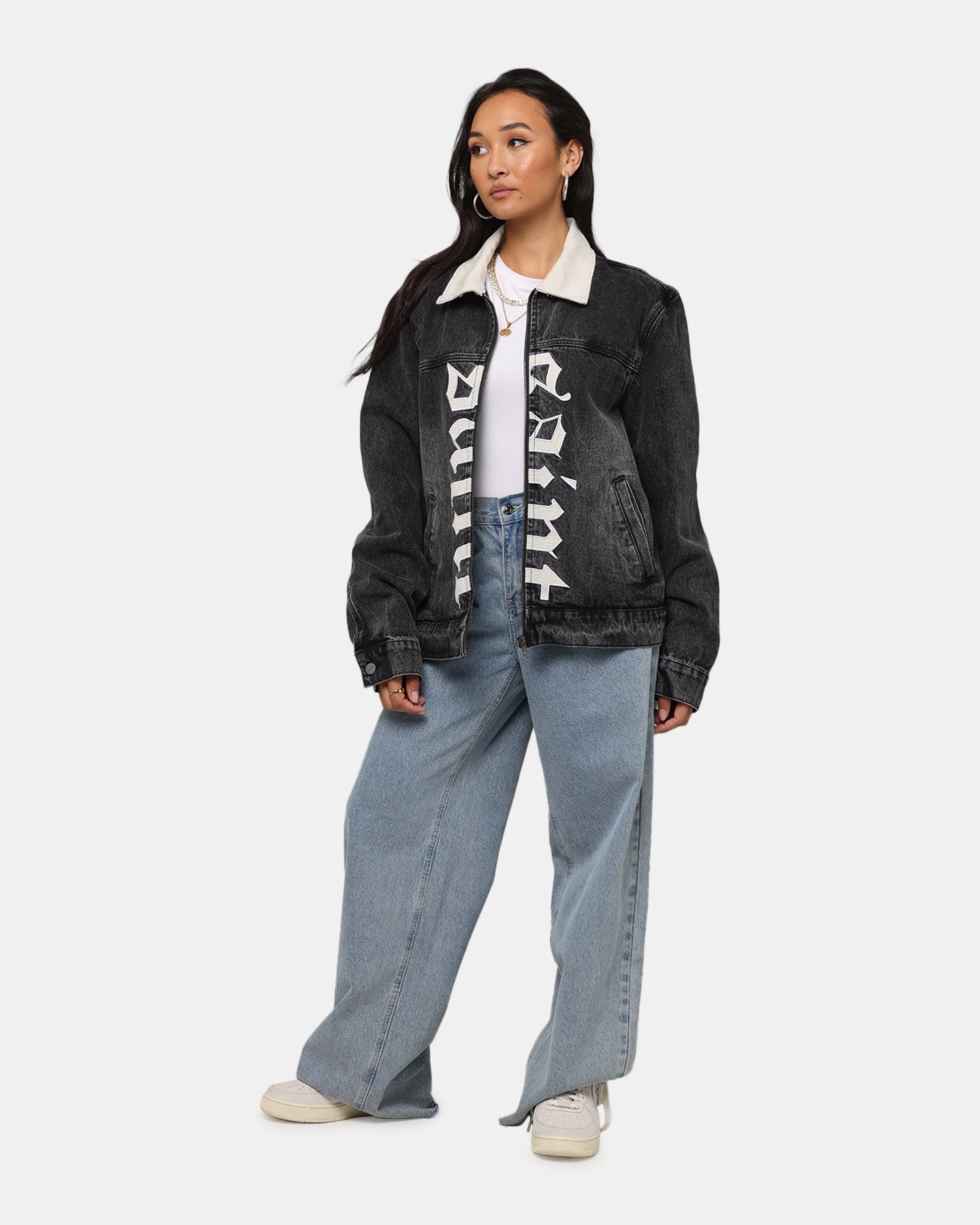 Saint Morta Gothic Distressed Denim Jacket Black Shadow Yellow High Collar Fit