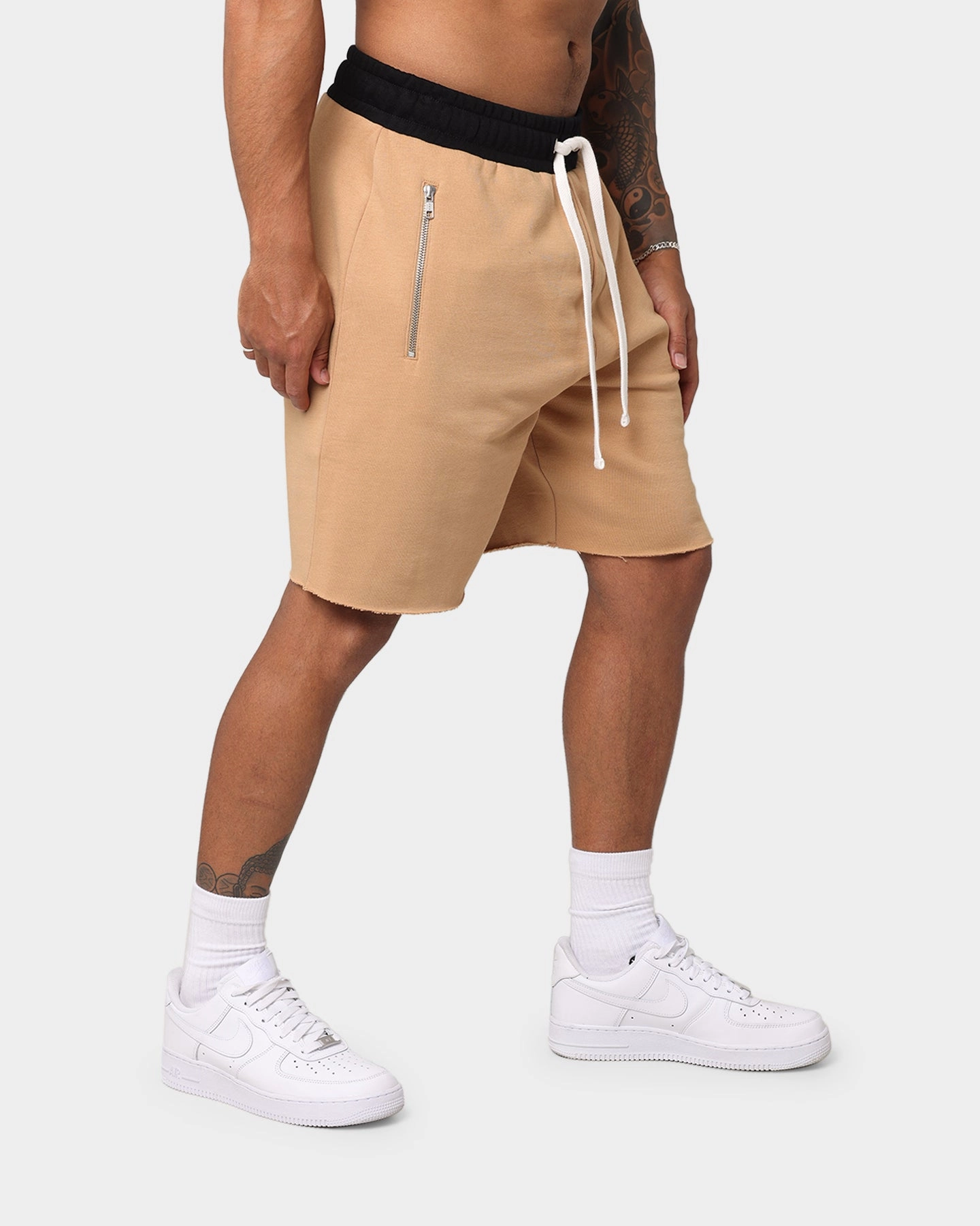EN ES Fleece Ball Shorts Tan Compression Lining Stay Cool Technology
