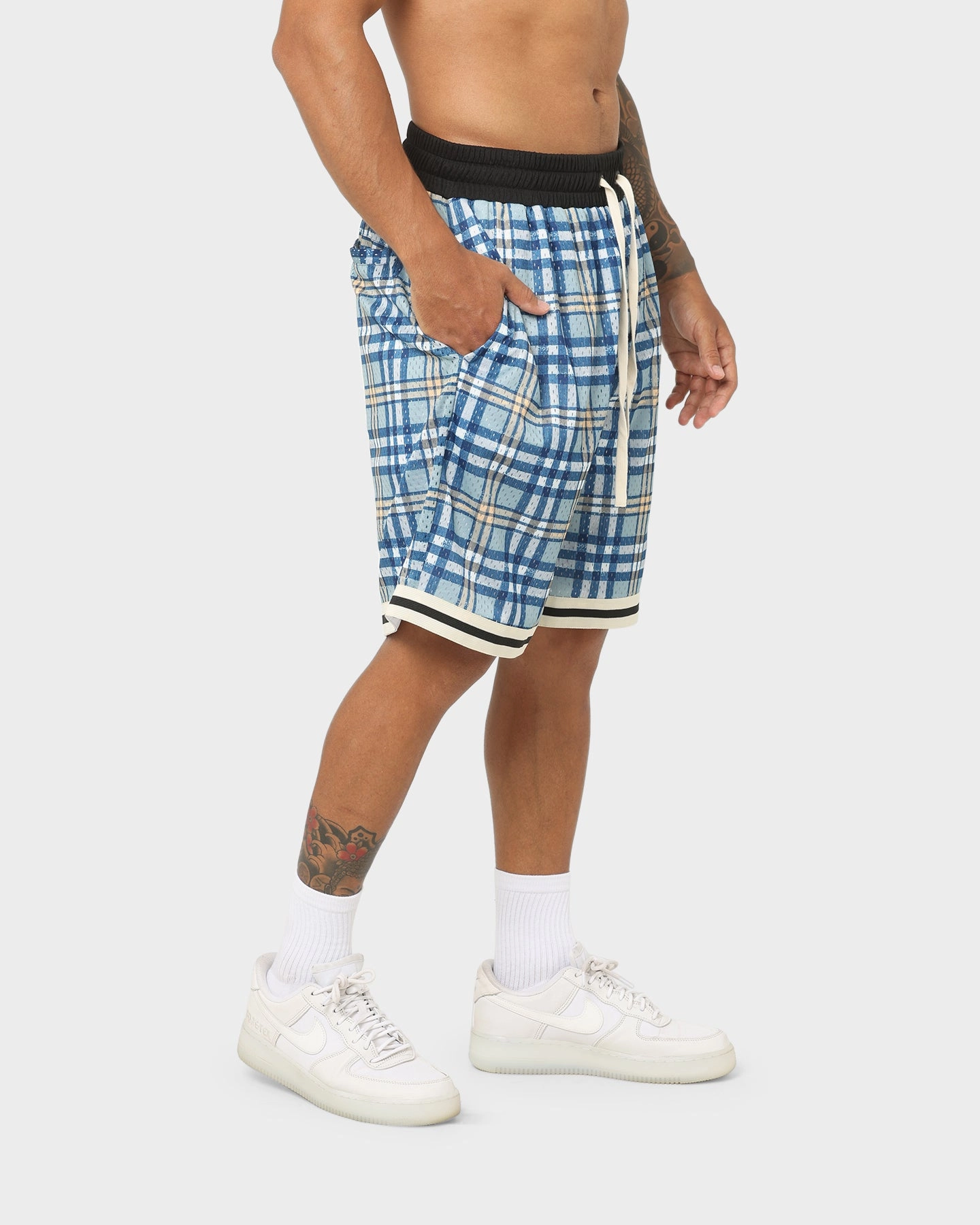EN ES Team Basketball Shorts Blue Plaid Vegan Leather