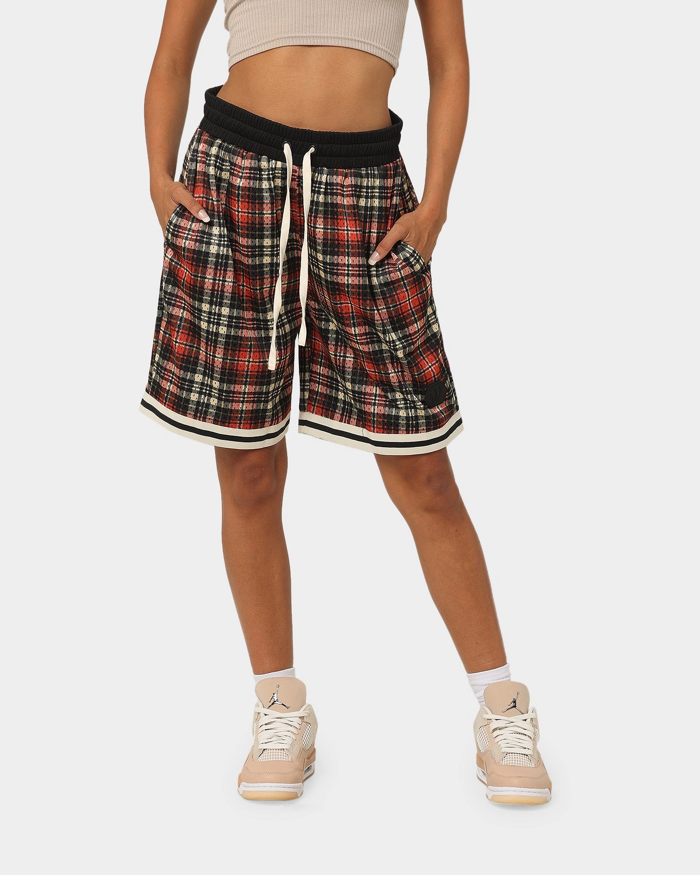 EN ES Team Basketball Shorts Red Plaid rooftop party look