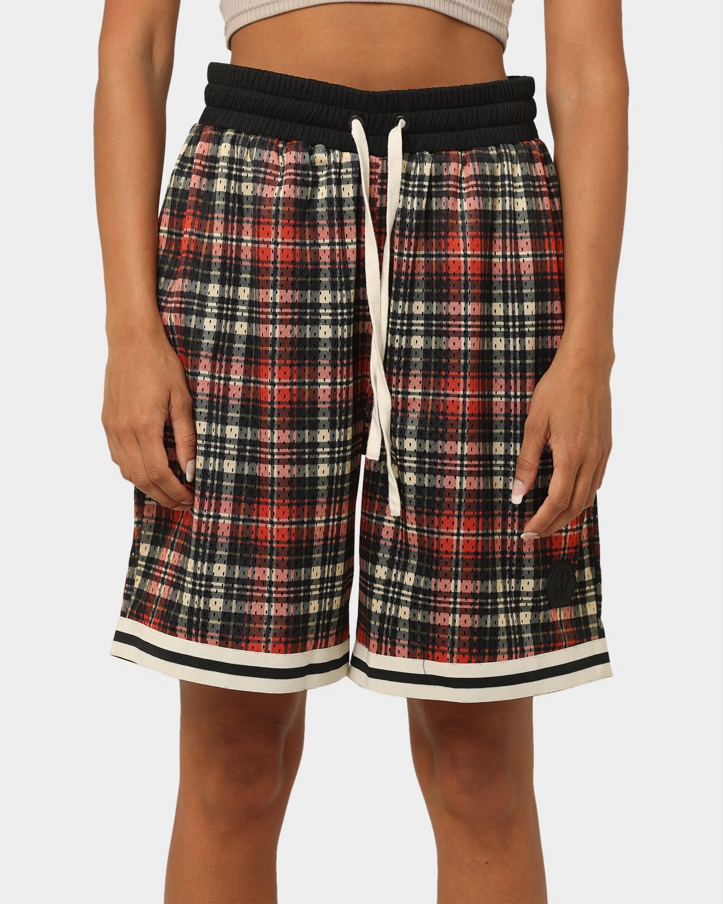 Quick Access Zip Pockets EN ES Team Basketball Shorts Red Plaid