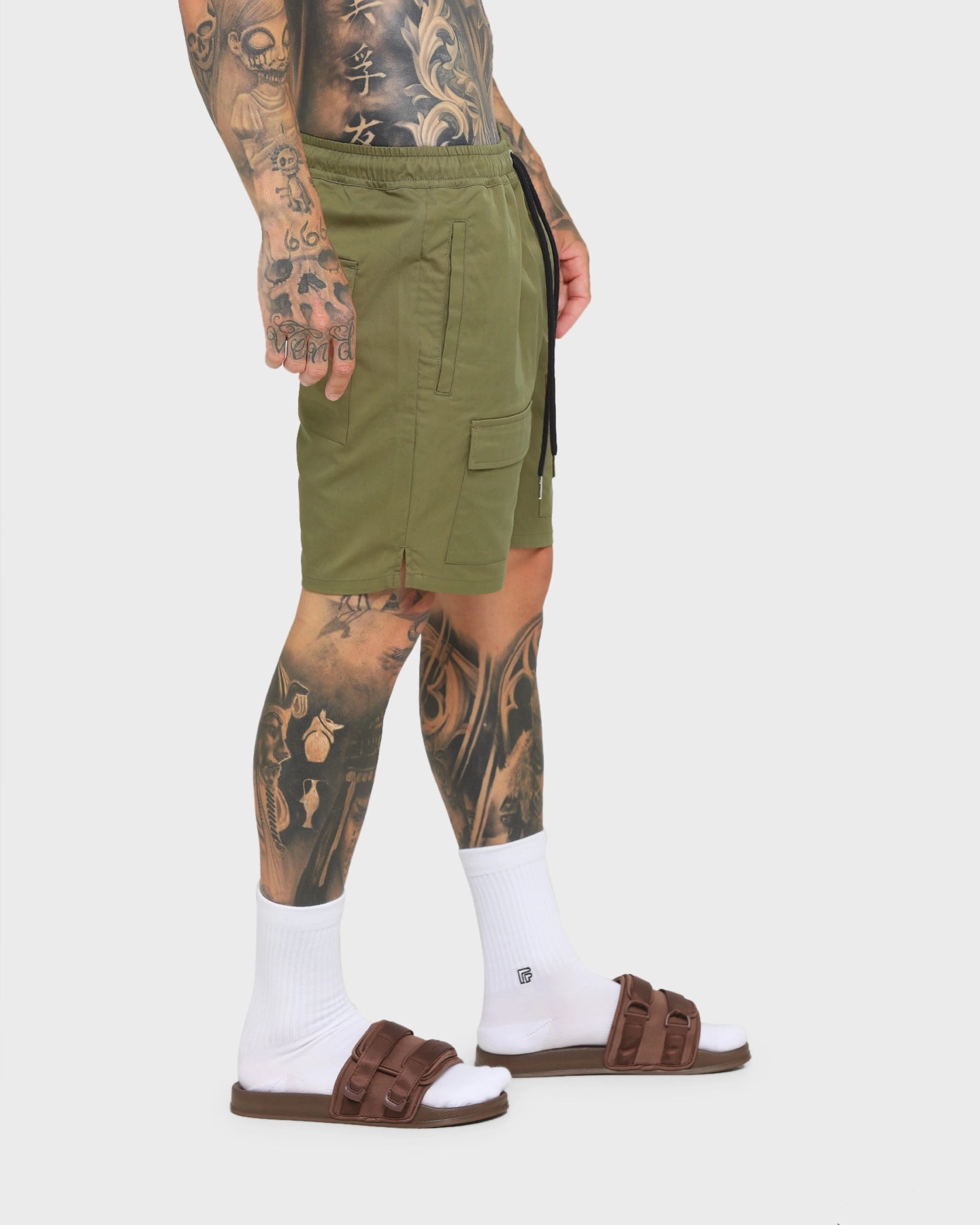 Four Way Stretch Fabric EN ES Utility Beach Shorts Khaki Green