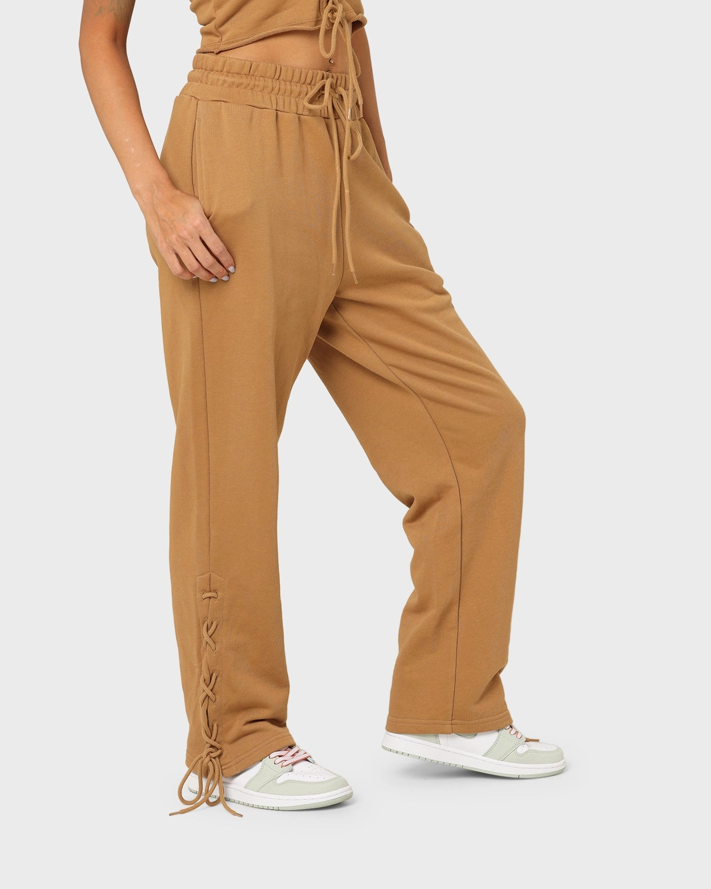EN ES Women's Mason Lace Up Track Pants Tan Non Tapered Leg
