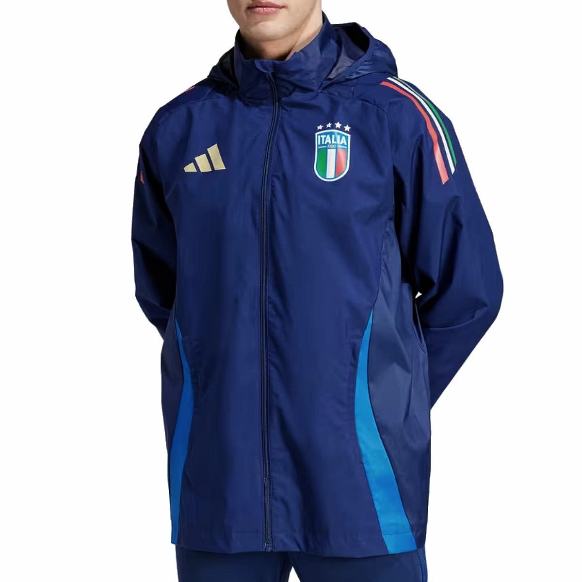 Soft to touch Adjustable Compression Fit Italy soccer training rain jacket 2024/25 navy blue - Adidas