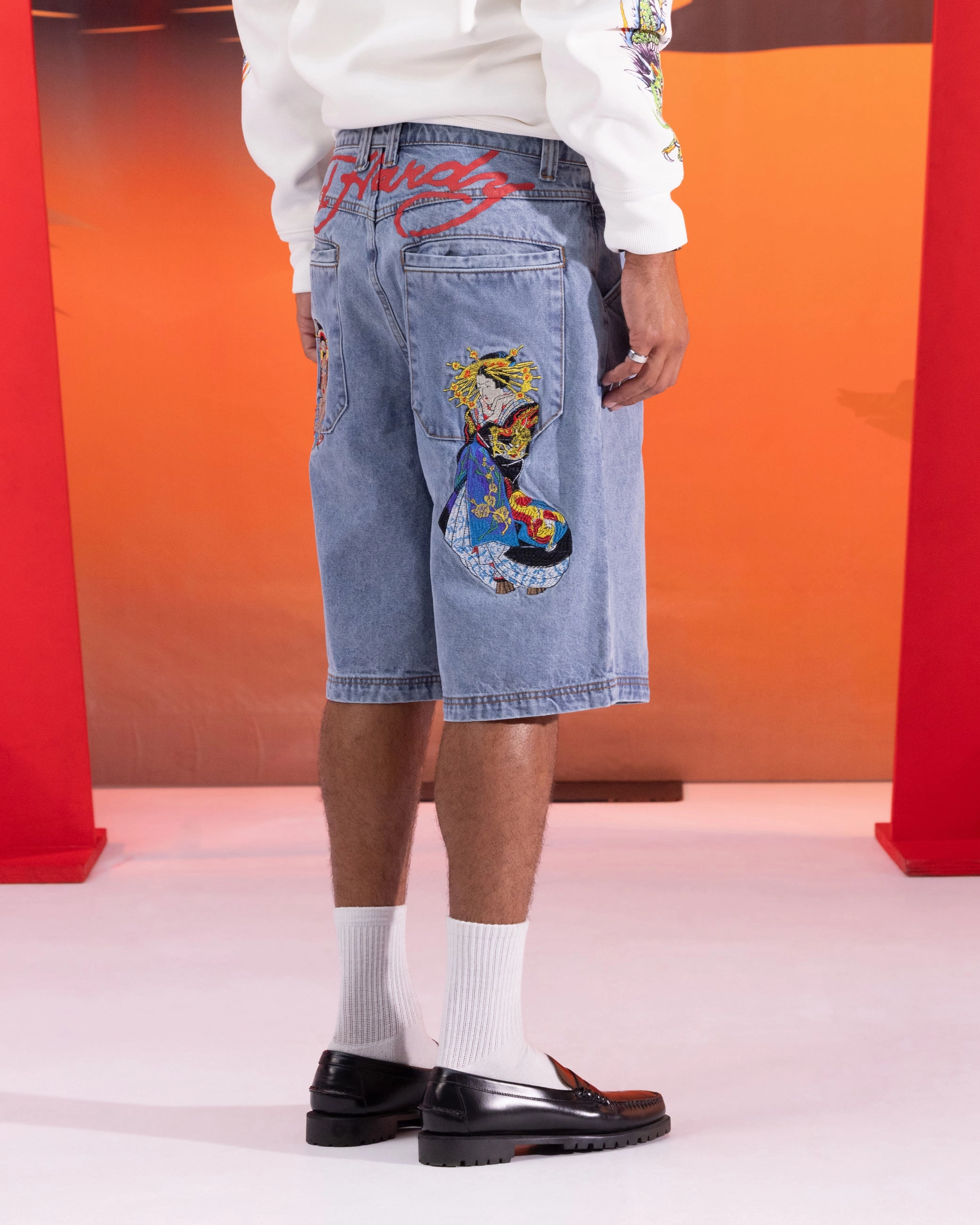 Stretchable Design Ed Hardy Geisha Jorts Light Wash Blue