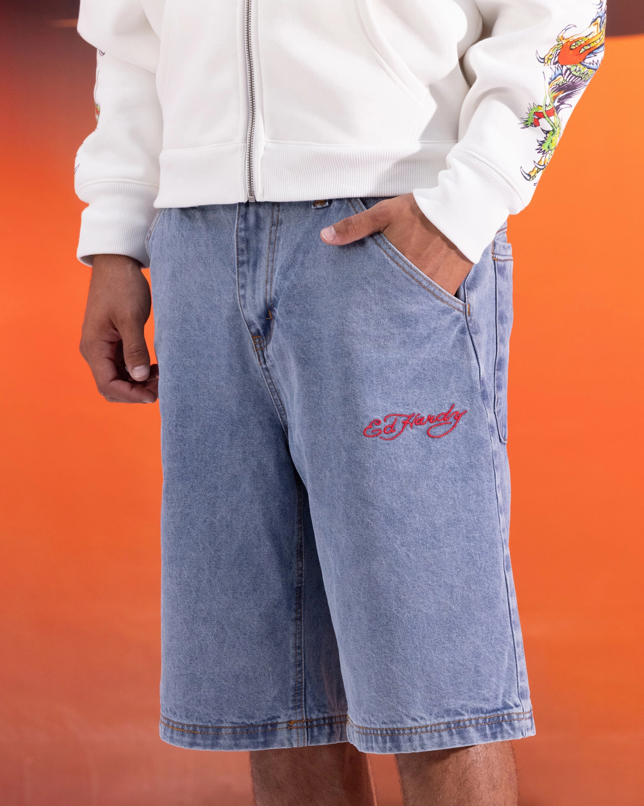 Urban Fit Classic Cut Ed Hardy Geisha Jorts Light Wash Blue