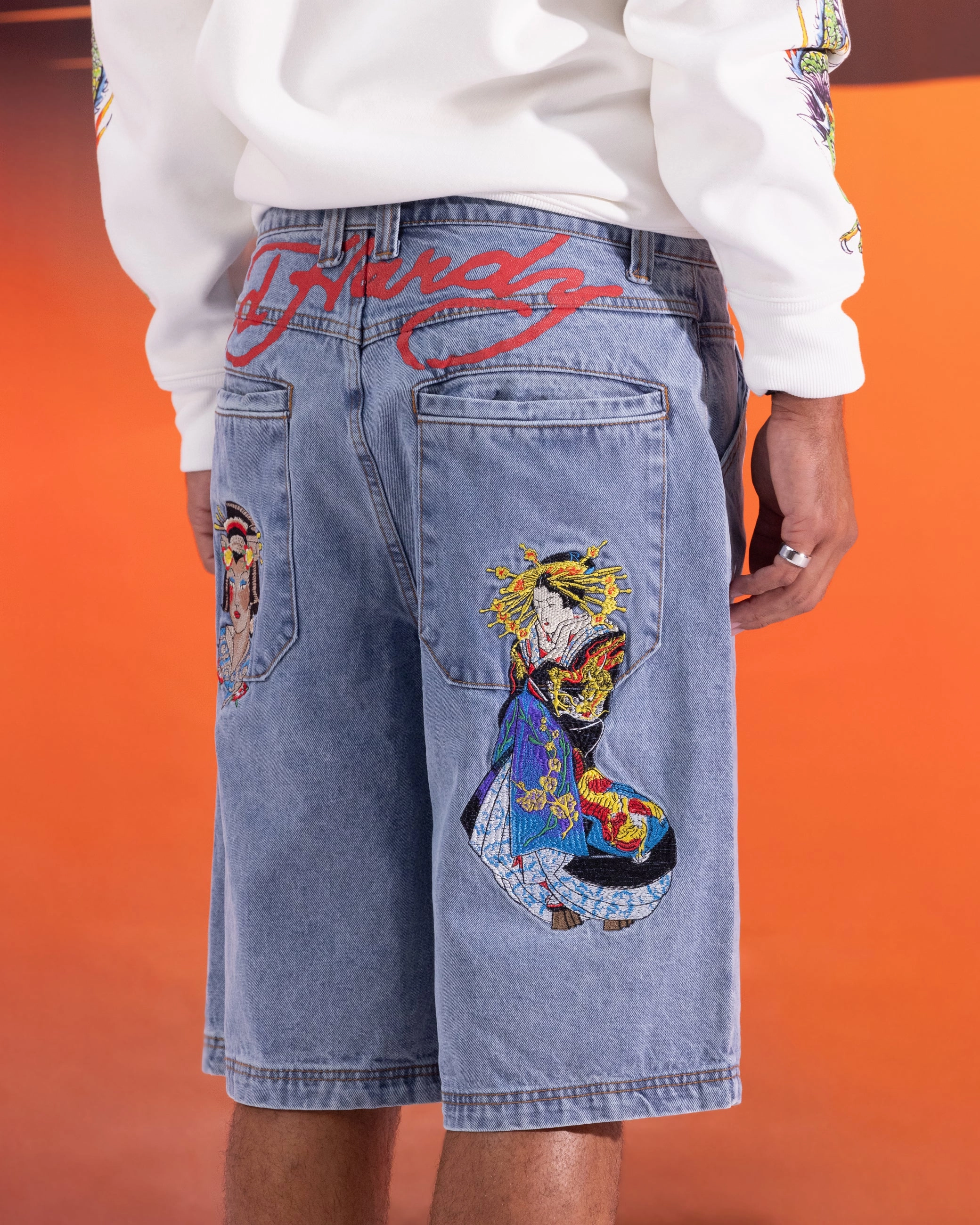 Ed Hardy Geisha Jorts Light Wash Blue Timeless Look Layered Panel Design