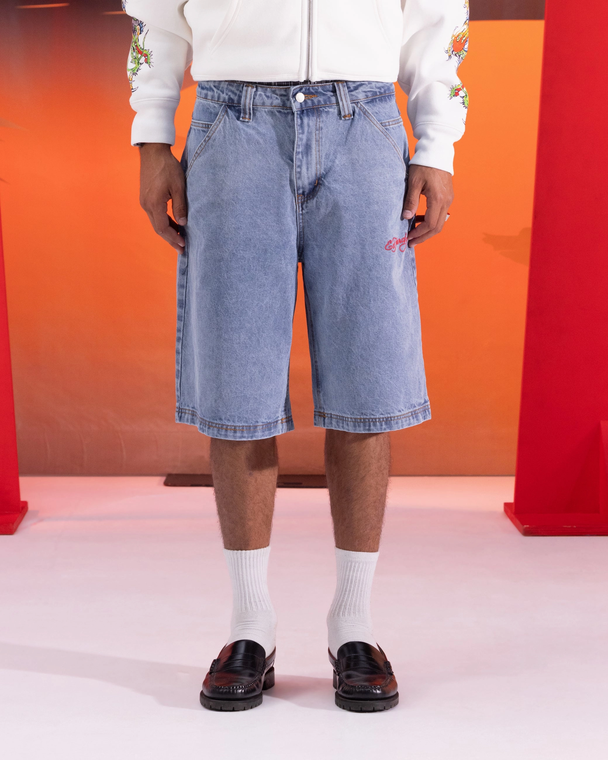 High Rise Outdoor Ready Ed Hardy Geisha Jorts Light Wash Blue