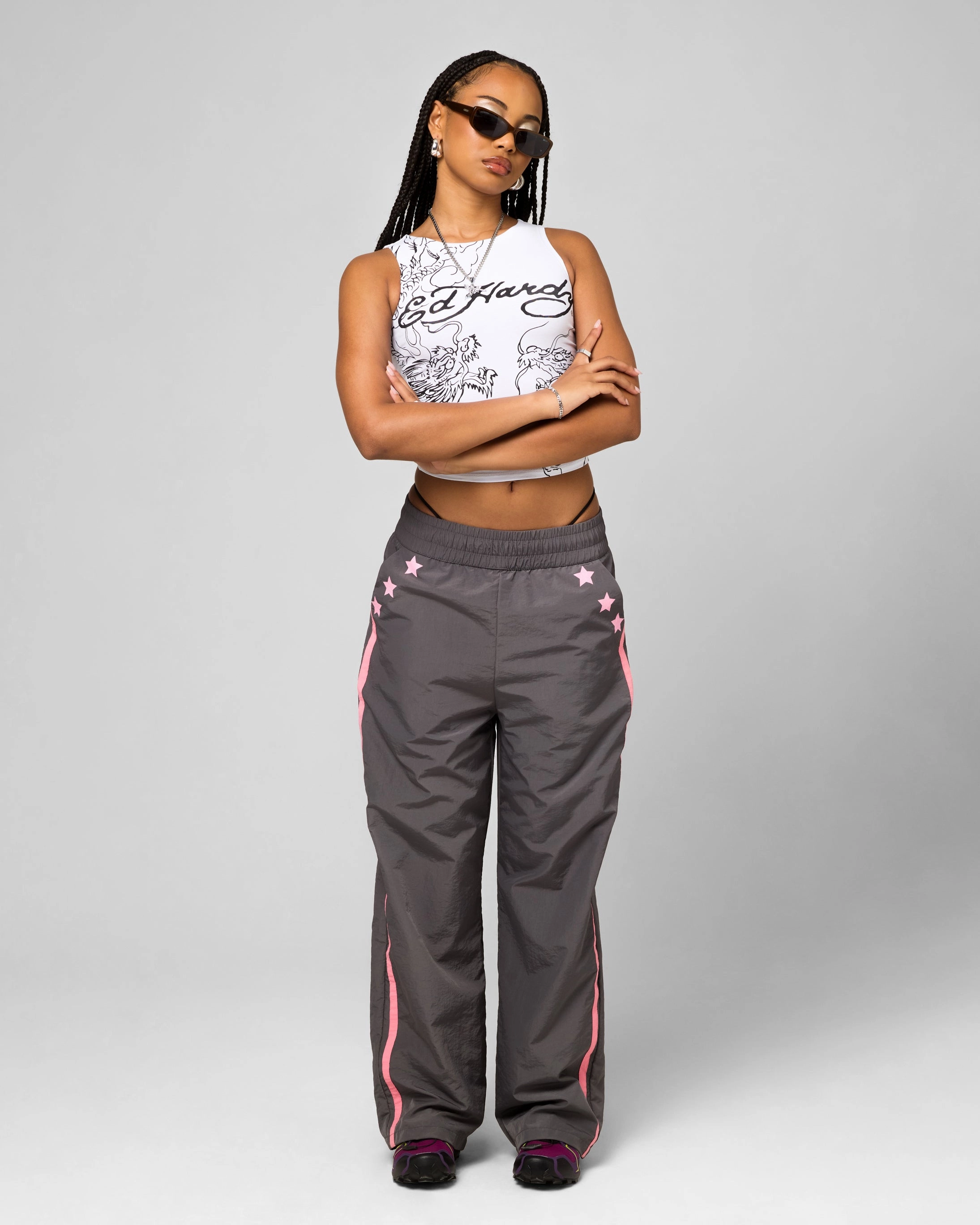 Laser Cut Perforations Ed Hardy Women's Nylon Sports Pant Grey/Pink