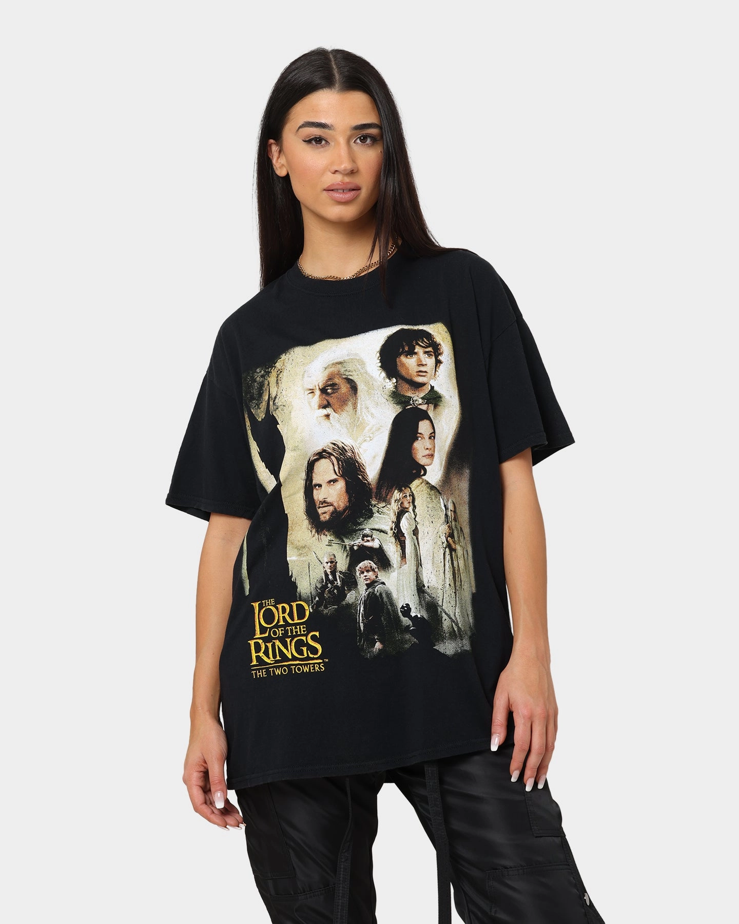 American Thrift X Lord Of The Rings The Two Towers Poster Vintage T-Shirt Washed Black Daily Comfort Essential Comfort