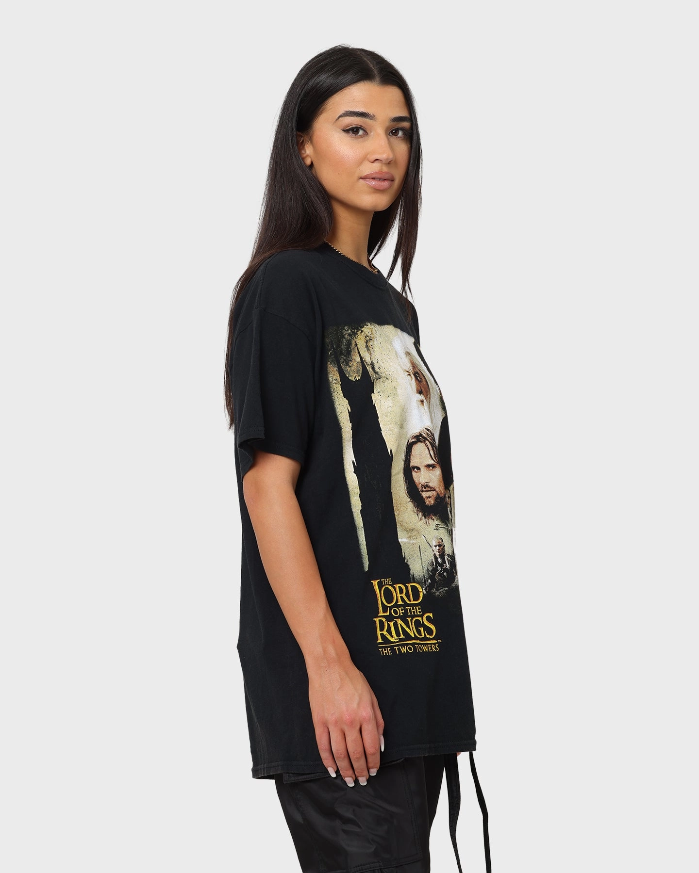 Micro Perforation Stylish American Thrift X Lord Of The Rings The Two Towers Poster Vintage T-Shirt Washed Black