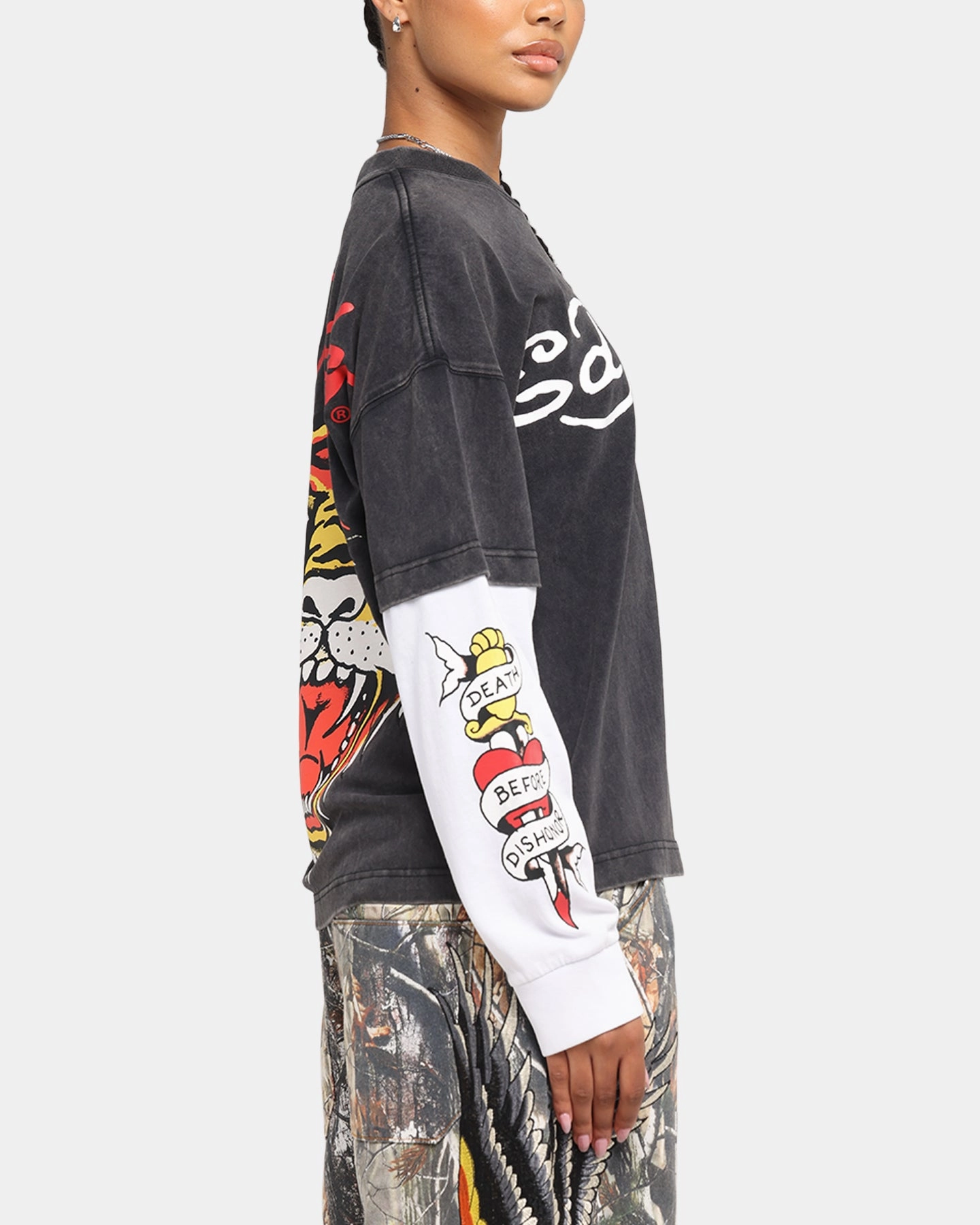 Ed Hardy Tiger Layered Long Sleeve T-Shirt Black Stylish and Cozy