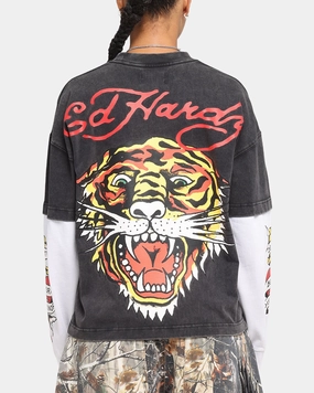 Playful Prints Ed Hardy Tiger Layered Long Sleeve T-Shirt Black