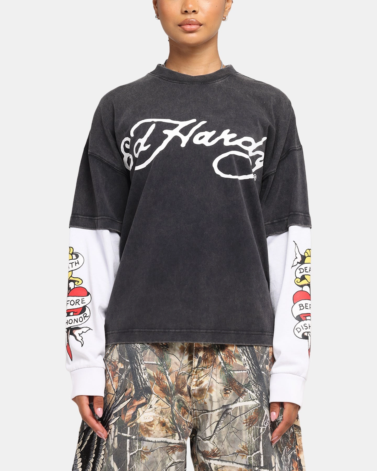 Structured silhouette Ed Hardy Tiger Layered Long Sleeve T-Shirt Black