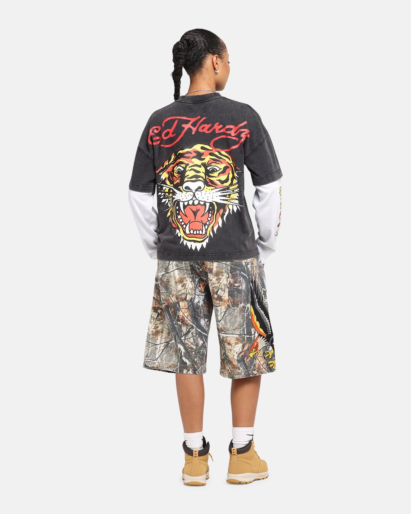 Low Impact Dye Ed Hardy Tiger Layered Long Sleeve T-Shirt Black