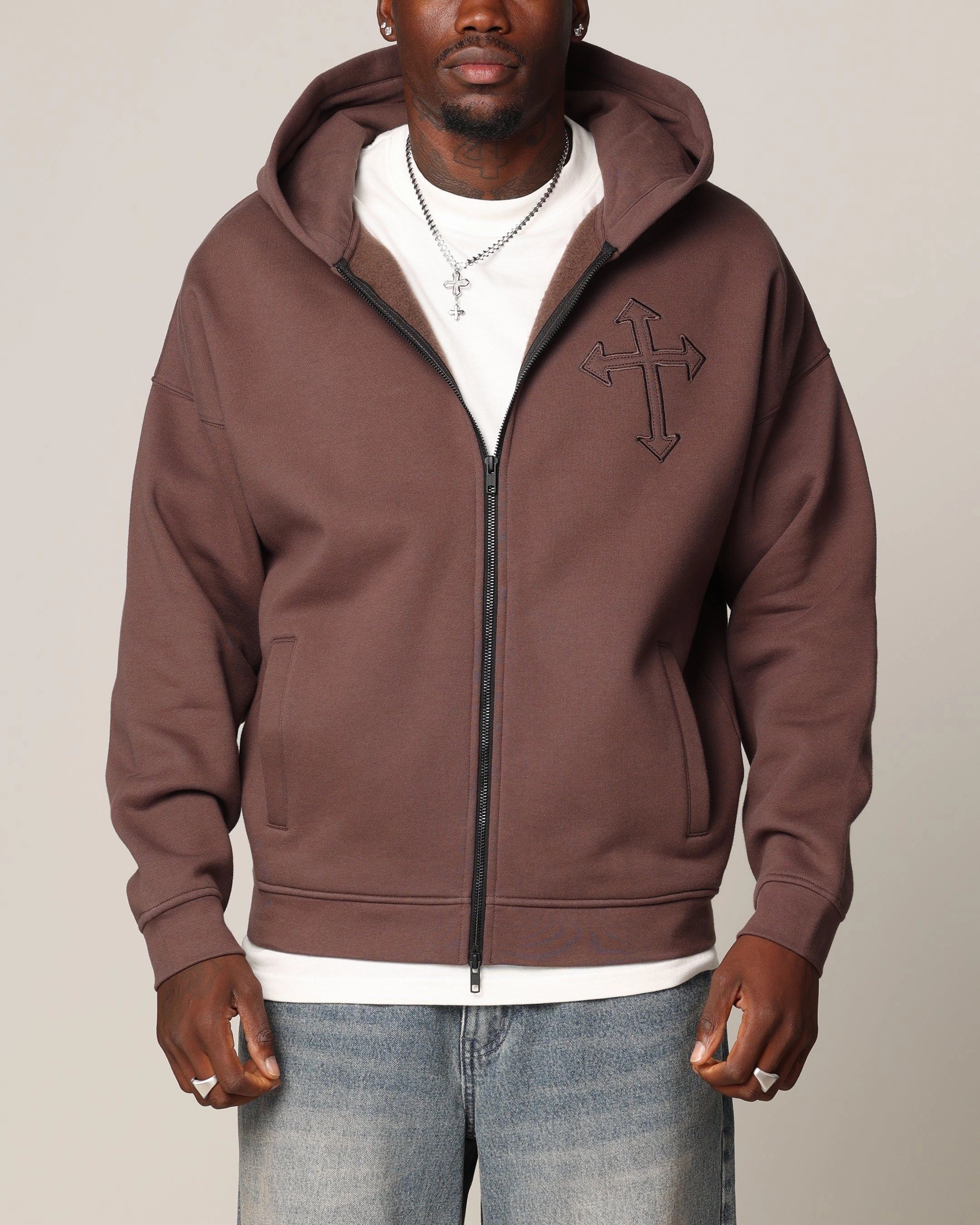 Lightweight Fabric hypoallergenic Saint Morta Sorrows Zip Hoodie Chocolate