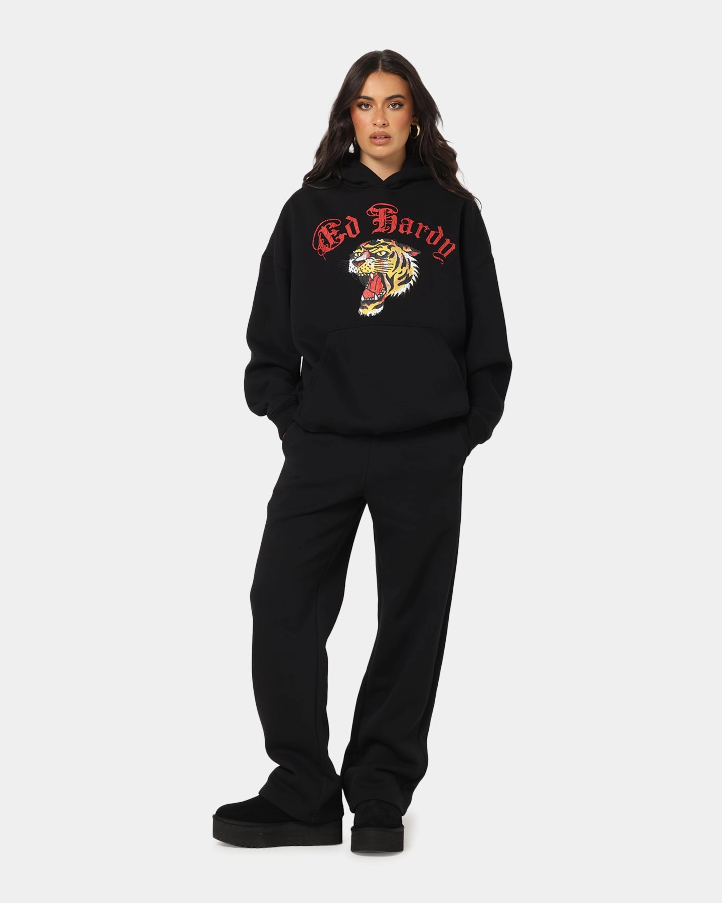 Athleisure Look Reinforced Hood Ed Hardy Tiger Wrath Hoodie Black