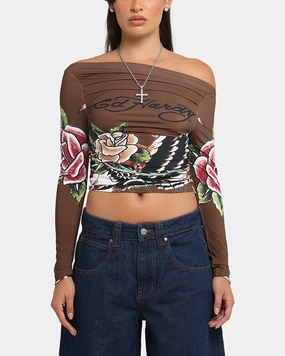 Ed Hardy Women's Eagle Long Sleeve T-Shirt Brown Beaded details