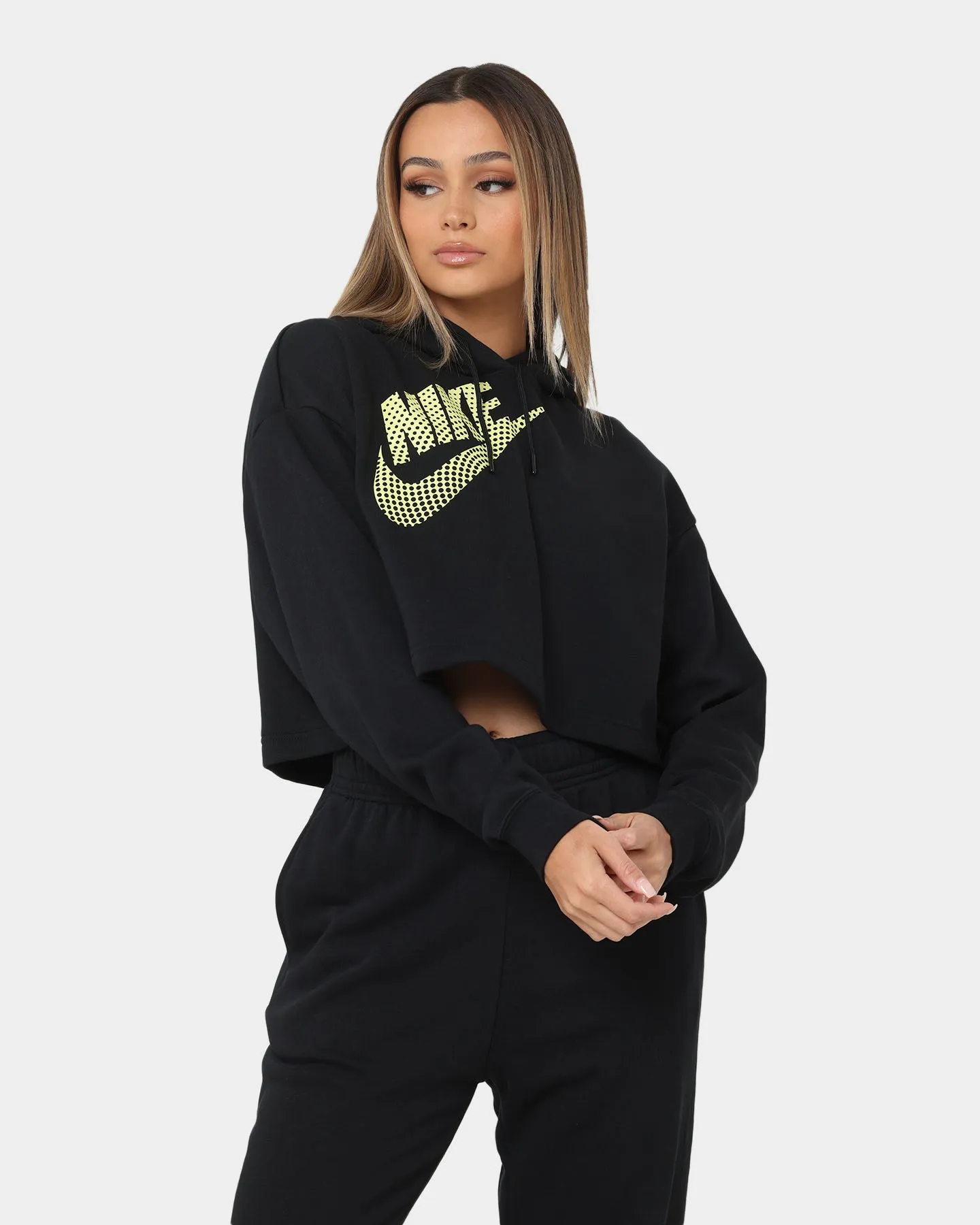 Nike Women's Nike Sportswear Cropped Fleece Dance Hoodie Black Zippered Pocket Design