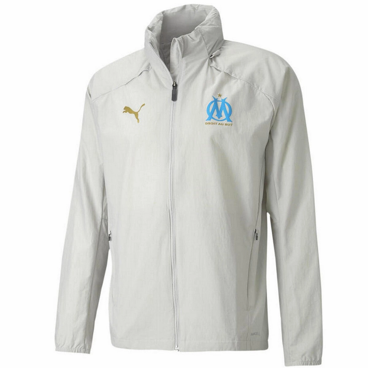 three-quarter length coal Olympique Marseille soccer training rain jacket 2021 light grey - Puma