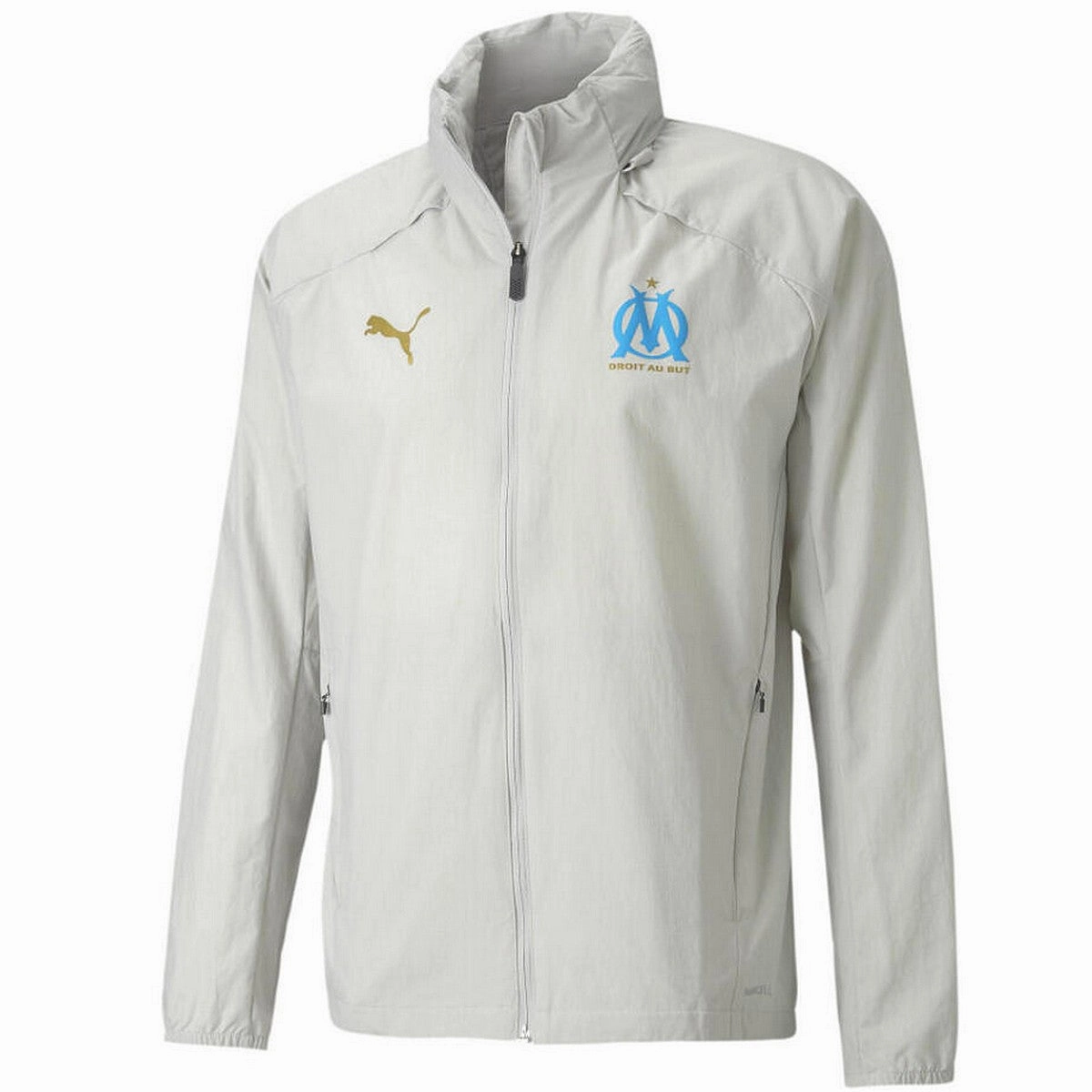 Olympique Marseille soccer training rain jacket 2021 light grey - Puma FlexibleJointArticulation