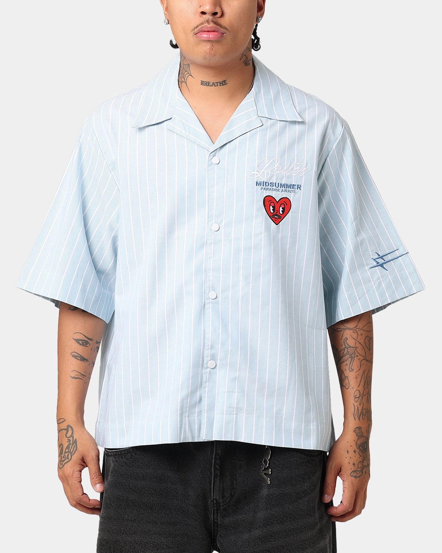 Loiter Studio Cropped Button Up Shirt Light Blue Backpacking Trip Tailored Cut