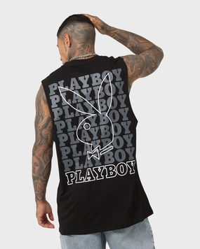 Curved Hemline Playboy Linear Classic Bunny Stack T-Shirt Black