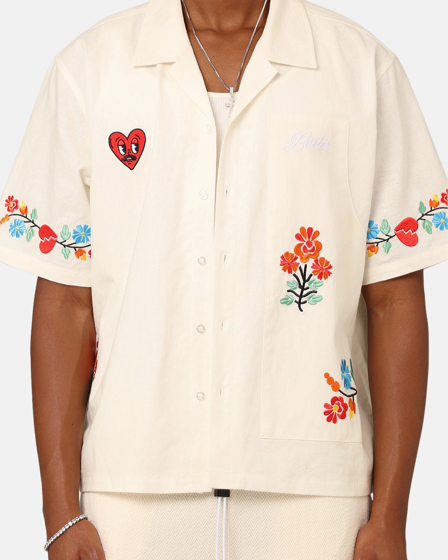 Loiter Oasis Embroidered Button Up Shirt Ecru Snug fit
