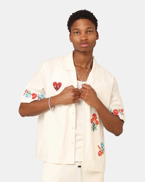 Loiter Oasis Embroidered Button Up Shirt Ecru tall size Warm Insulation