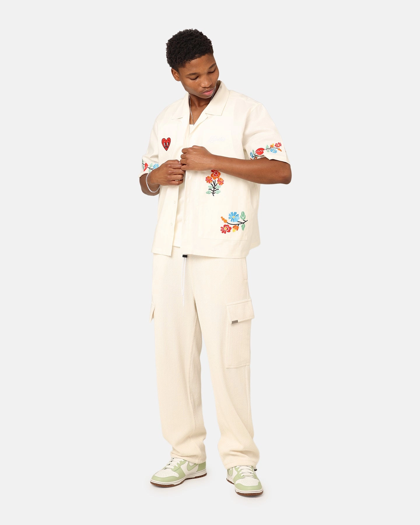 Loiter Oasis Embroidered Button Up Shirt Ecru Reinforced Seams