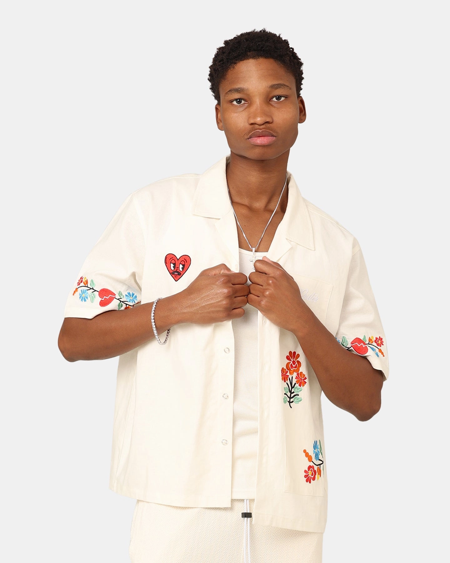 Loiter Oasis Embroidered Button Up Shirt Ecru tall size Warm Insulation