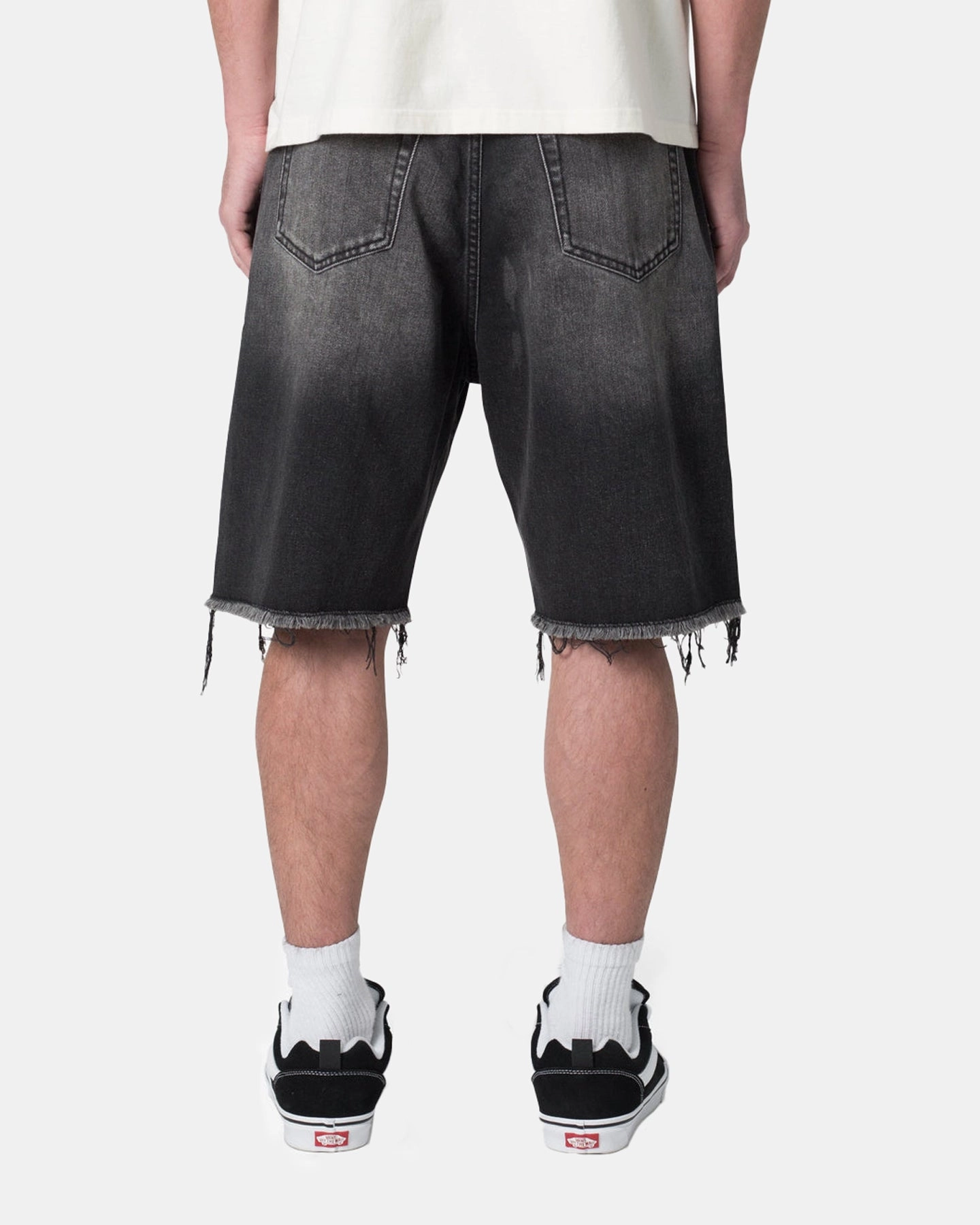 MNML Baggy Rip Denim Shorts Washed Black Non Restrictive Waistband music event look