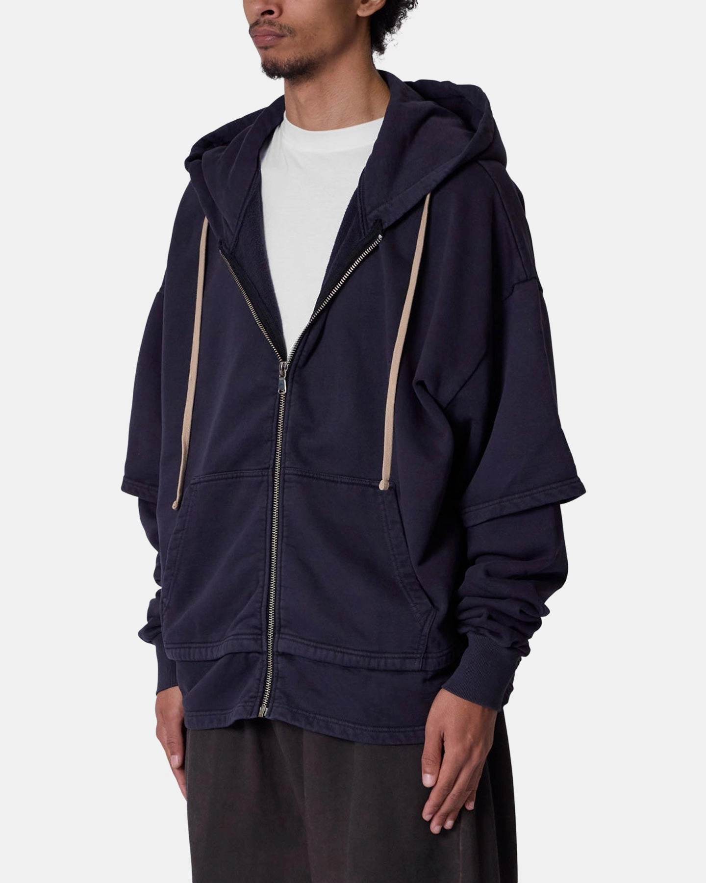 MNML Double Layer Zipper Sweater Washed Black Nail-polish FleeceBacking