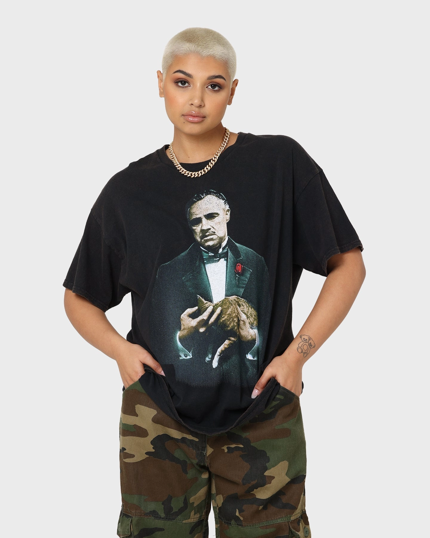 Flattering Cut American Thrift X The Godfather The Godfather Cat Vintage T-Shirt Black Wash