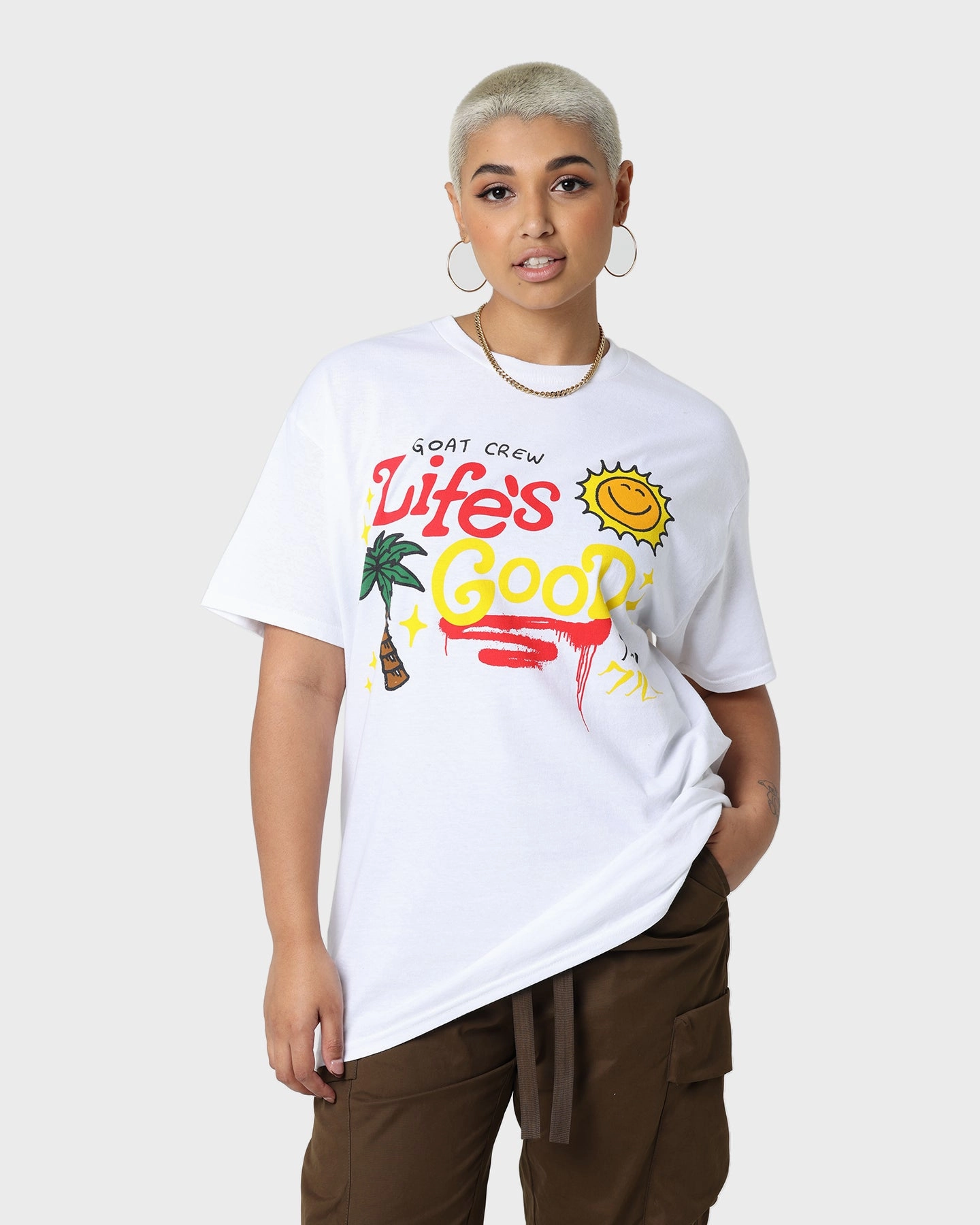 Goat Crew Life Is Good T-Shirt White Abstract print Comfort Fit