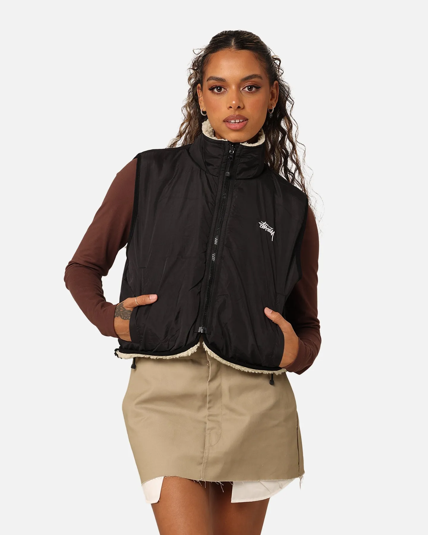 Smart Look MultiPocket Design Stussy Women's 8 Ball Reversible Cropped Vest Black