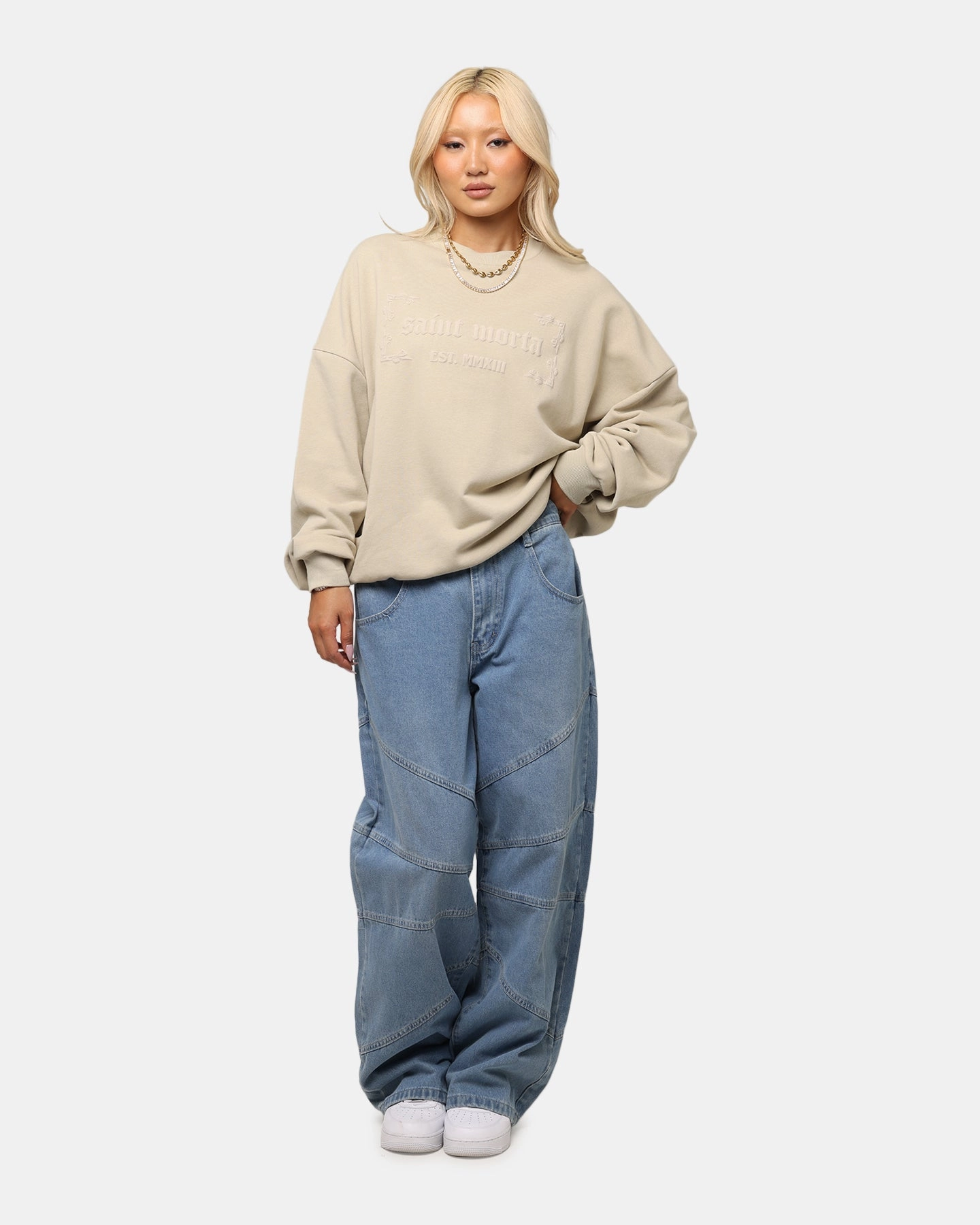 Winter Ready Knit Trendy Layers Saint Morta Repentant Heart Crewneck Stone