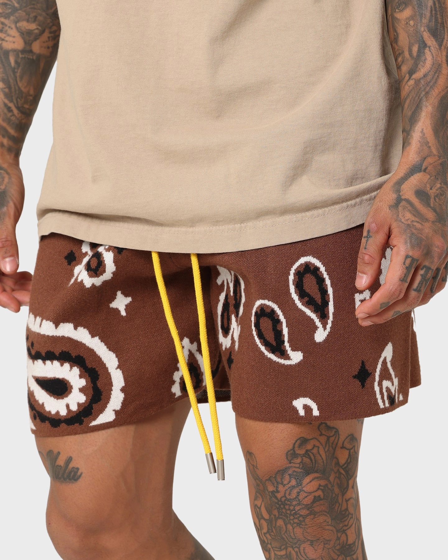 garden work Double Stitched Seams MNML Paisley Knit Shorts Brown