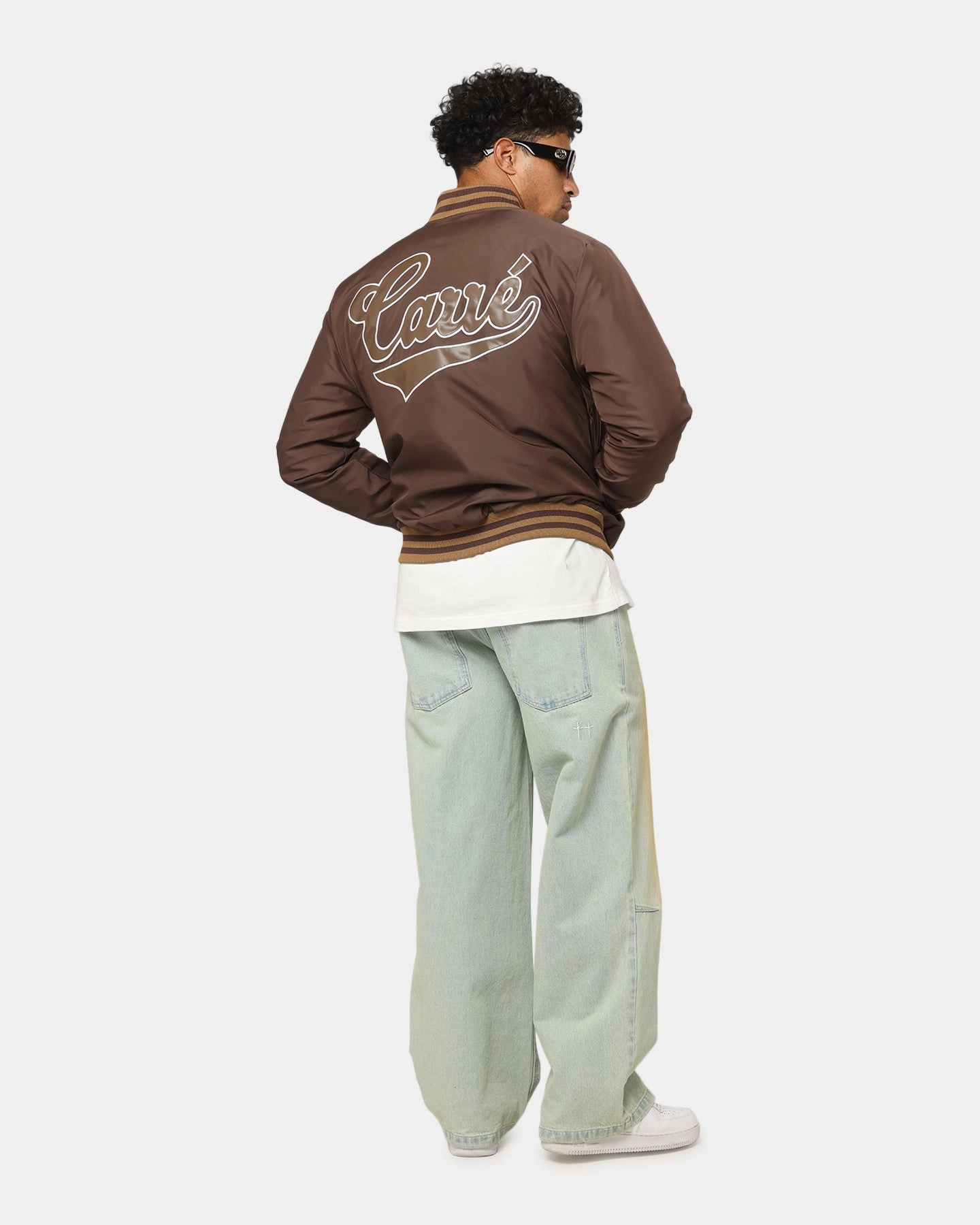 Stretchable Panels Action Carre Team Puffer Varsity Jacket Brown