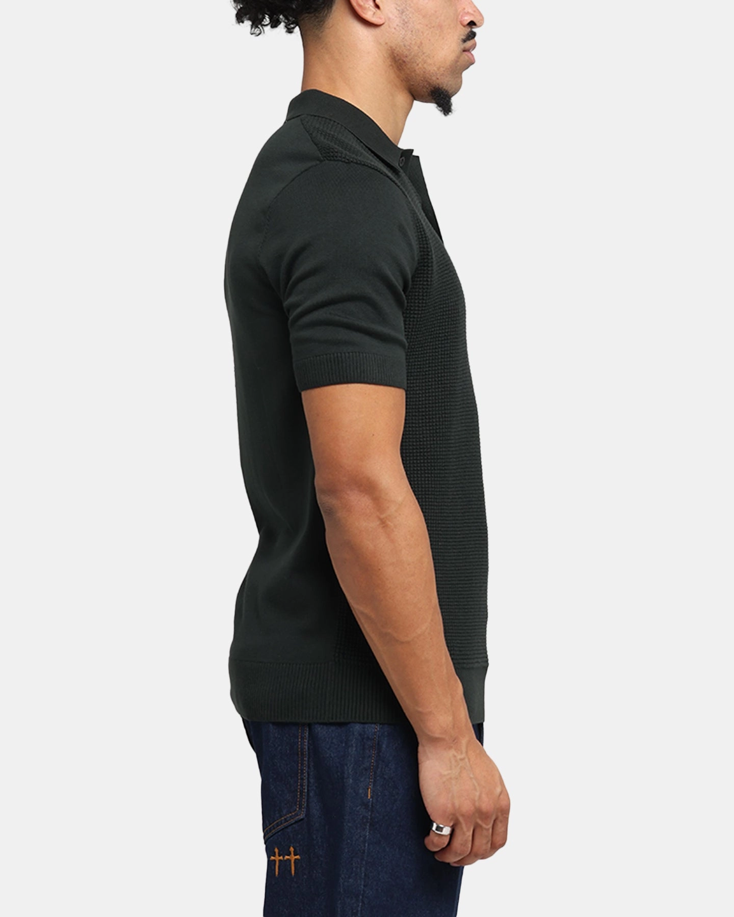 Fred Perry Waffle Stitch Knitted Shirt Green Unstructured Hem