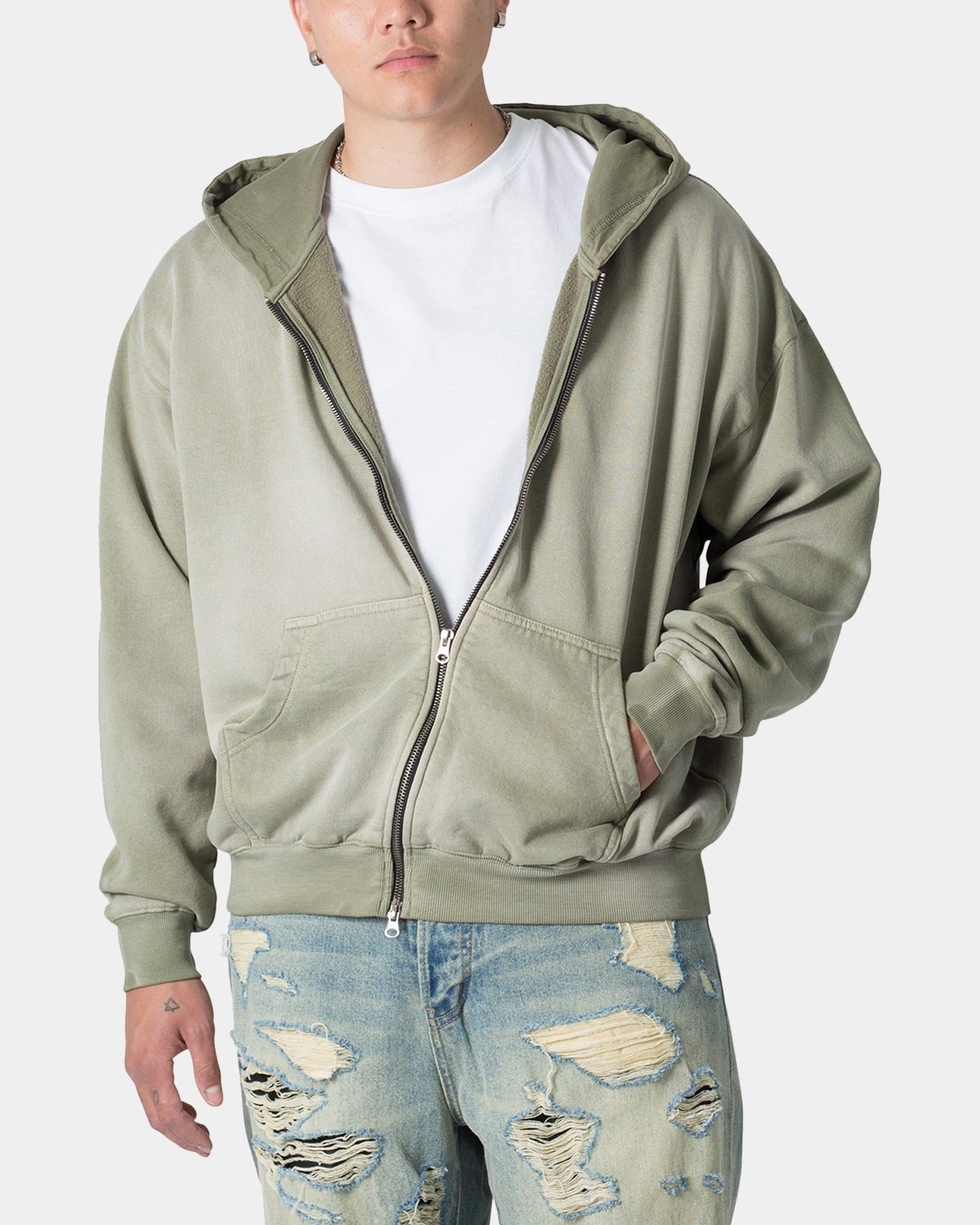 Smooth Zipper Action Bracelet MNML Faded Basic Zip Up Hoodie Washed Olive